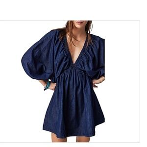 NWT Free People Portia Blue Dolman Sleeve Mini Sundress denim